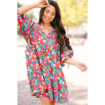 Sky Blue Floral Print Tie Split Neck Bubble Sleeve Babydoll Dress