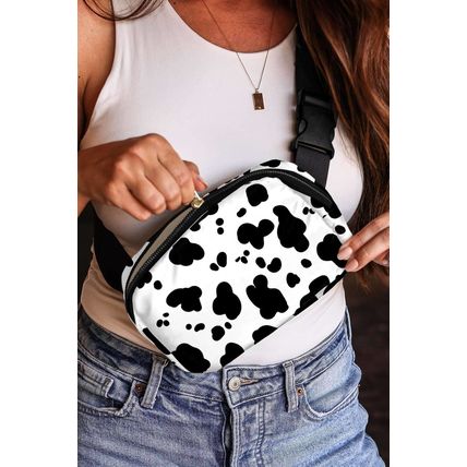 White Cow Pattern Print Buckle Wide Belt Inclined Shoulder Bag