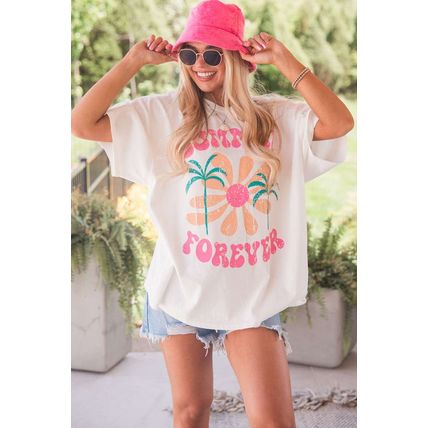 White SUMMER FOREVER Flower Graphic T Shirt