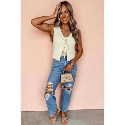 Beige Lace-up Front V Neck Sweater Vest