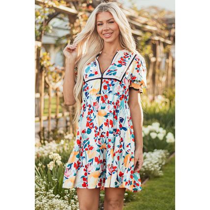 Green Floral Print Zipper Ruffled Short Sleeve High Waist Mini Dress