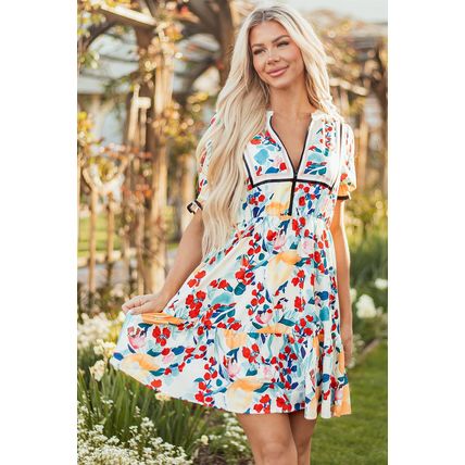 Green Floral Print Zipper Ruffled Short Sleeve High Waist Mini Dress