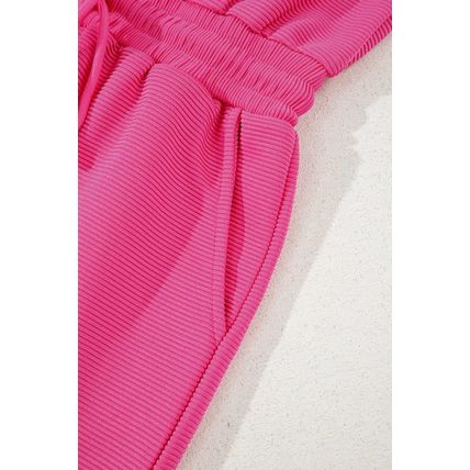 Rose Red Textured Short Sleeve Half Zip Drawstring Waist Romper
