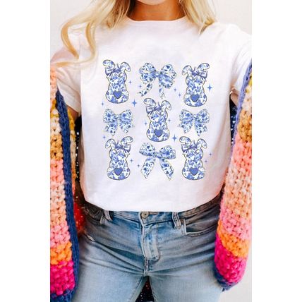White Bowknot Bunny Graphic Easter Fashion T Shirt