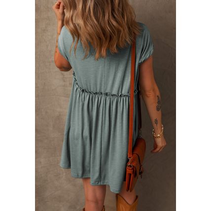 Mist Green Frilled Gathered Seam Round Neck T Shirt Dress