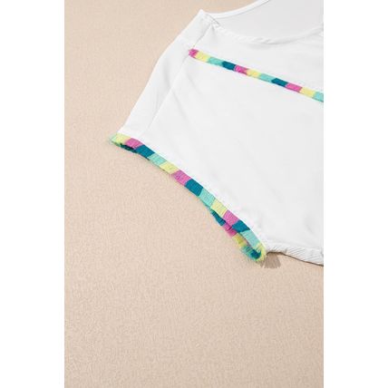 White Colorful Fringed Detail Tassel Tie Neck Short Sleeve Blouse
