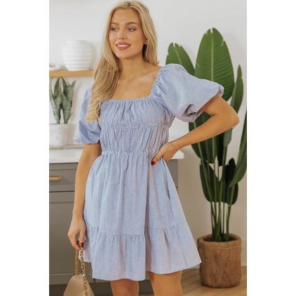 Sky Blue Stripe Bubble Sleeve Square Neck Ruched Pocketed Babydoll Dress