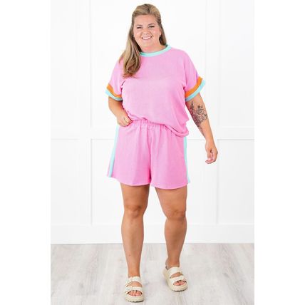 Bonbon Plus Size Color Block Corded Knit Tee and Shorts Set