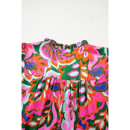 Rose Summer Plant Print Lace up V Neck Short Sleeve Blouse
