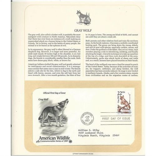 AMERICAN WILDLIFE ' OFFICIAL FIRST DAY of ISSUE ' GRAY WOLF (1987)