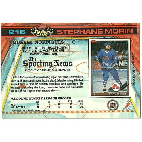 Topps Stadium Club 1991 NHL Hockey Trading Card 216 Stephane Morin Quebec Nordiq