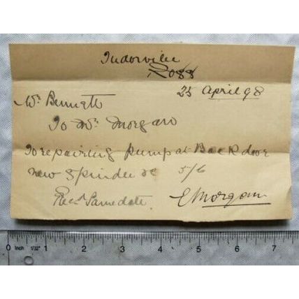 1898 signed invoice E. Morgan, Tudorville, Ross repairing pump