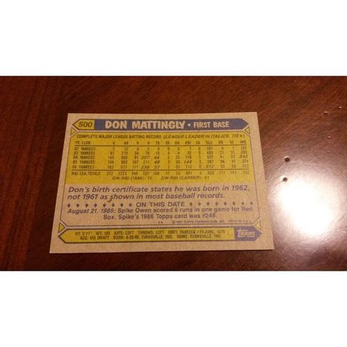 1987 Topps Card # 500 Don Mattingly Excellent - Mint (6) New York Yankees