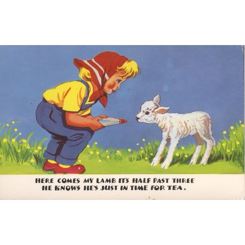 Vintage Greetings Card - Here comes my lamb it's half past three. He knows..(2)
