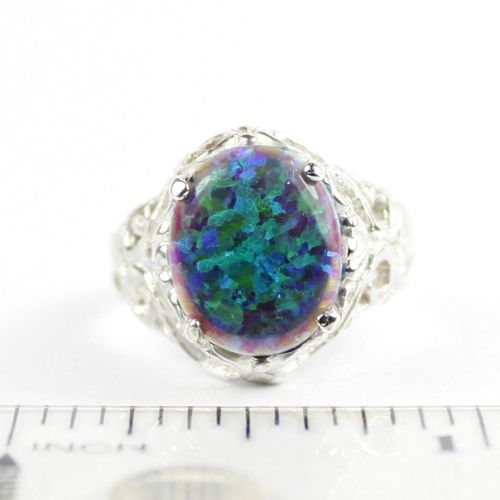 Created Blue Green Opal, 925 Sterling Silver Ring, SR114