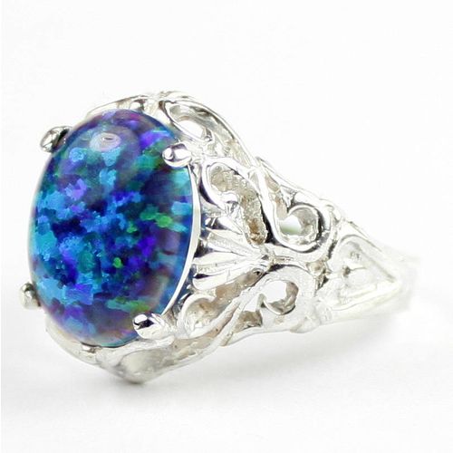 Created Blue Green Opal, 925 Sterling Silver Ring, SR114