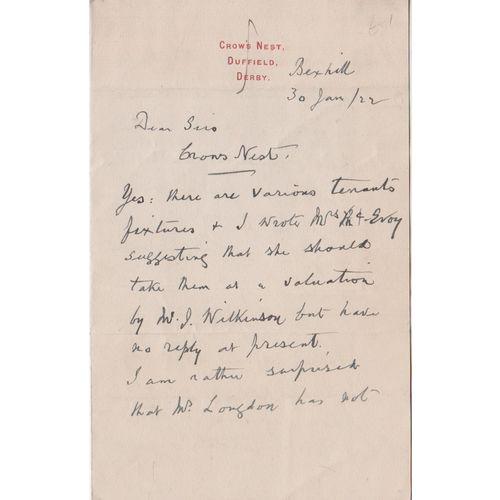Letter 1922 Crows Nest Duffield regarding house sale and tenants see rest