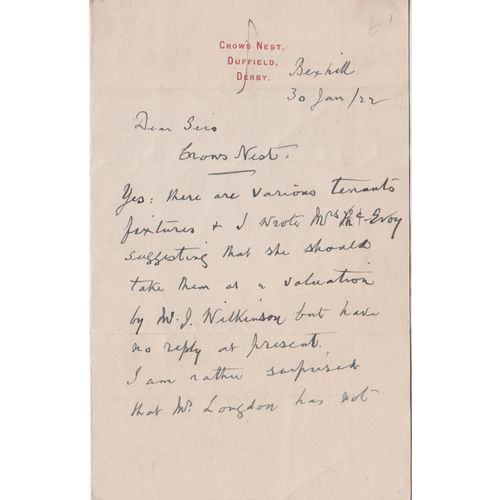 Letter 1922 Crows Nest Duffield regarding house sale and tenants see rest