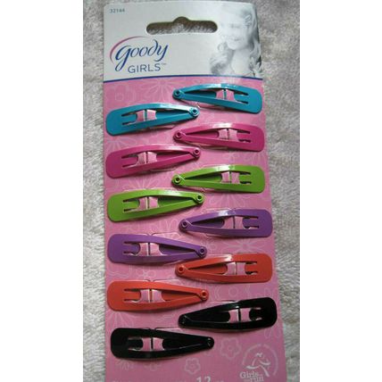 12 Goody Girls Bright Painted Metal Snap Hair Clips Black Blue Pink Purple Green