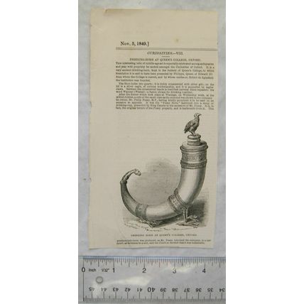 1849 engraving - Drinking horn at Queen's College, Oxford