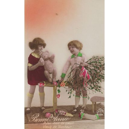 Teddy Bear Mistletoe Packed Away Happy New Year Old Tinted Postcard