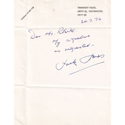 Jack Jones Transport & Workers Union Hand Signed 1976 Autograph