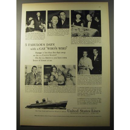 1953 United States Lines Cruise Ad - David Sarnoff, Morton Downey, Frazzr Wilde