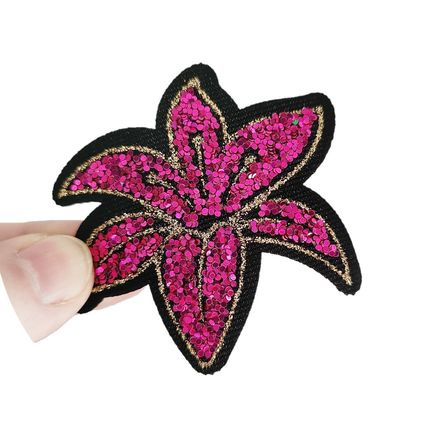 Iron On Sequin Lilly Motif Pink & Gold 6 cm X 6 cm Patch Patches Flower P635
