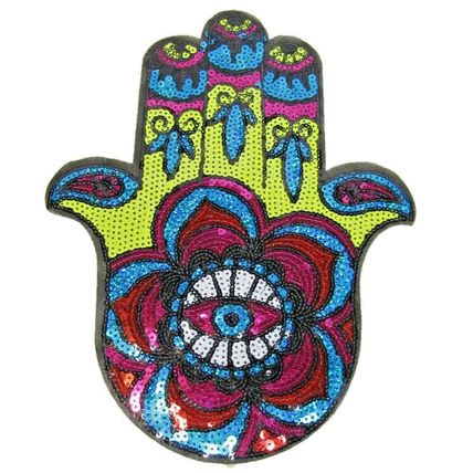 Iron On Patch Hamsa Hand Evil Eye Sew 21cm x 27cm Sequins Badge Fatima P411