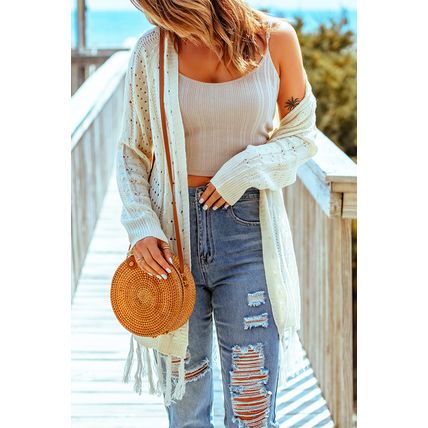Beige Tasseled Hollow-out Cable Knit Cardigan