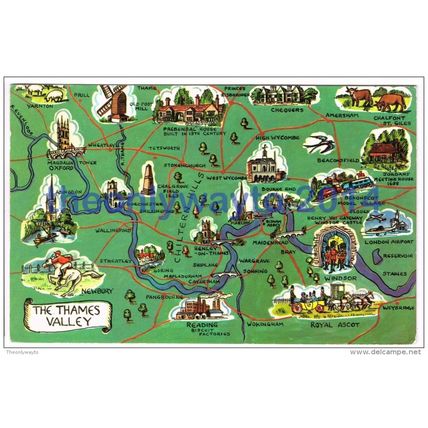Thames Valley, Map, Bucks, England, 1960/70s?, Postcard
