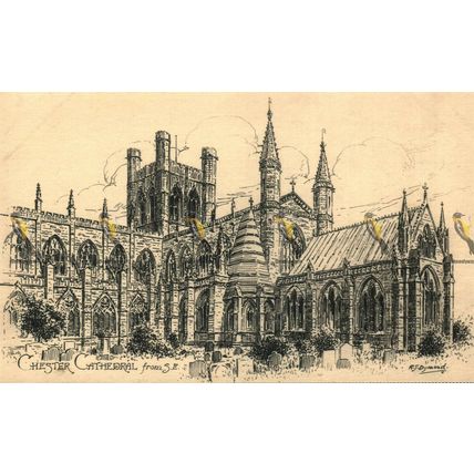 Chester Cathedral From SE, Cheshire, Pen & Ink Sketch Postcard