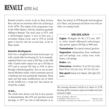 Collectors Club card. Classic Cars. Renault Alpine A442