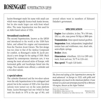 Collectors Club card. Classic Cars. Rosengart Supertraction LR539