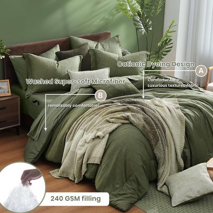 Monbix Queen Comforter Set - 7 Pieces Cationic Dyeing Olive Green Bed in a Bag Q