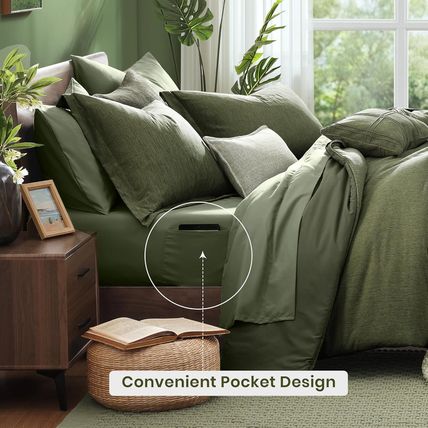 Monbix Queen Comforter Set - 7 Pieces Cationic Dyeing Olive Green Bed in a Bag Q