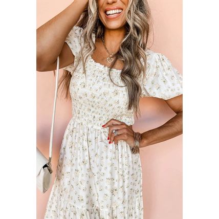 White Frilly Shirred Bodice Tiered Floral Maxi Dress