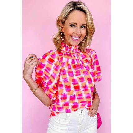 Pink Abstract Print Button Back Ruffed High Neck Blouse
