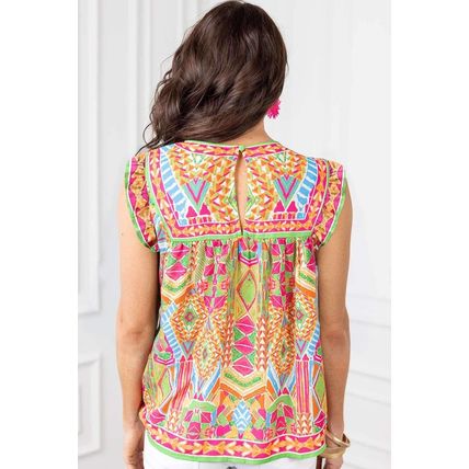 Orange Geometric Print Ruffled Trim Tank Top
