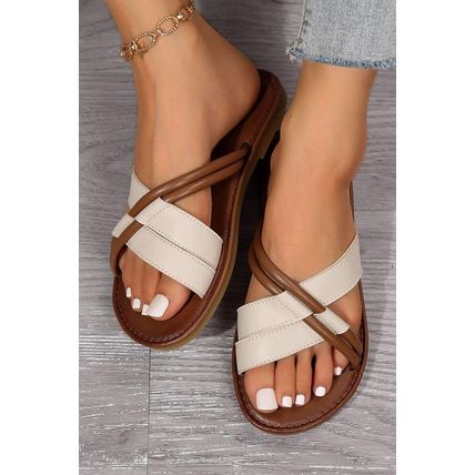 White Criss Cross PU Leather Flat Slippers