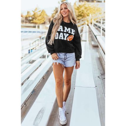Black GAME DAY Graphic Varsity Pullover Sweatshirt