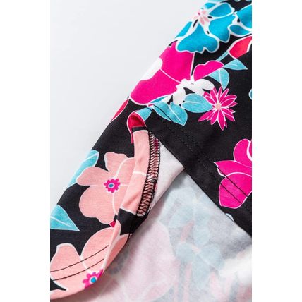 Pink Floral V Neck Roll Tab Sleeve Blouse