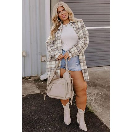 White Plaid Print Tunic Plus Size Shacket with Slits