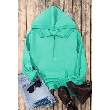 Aruba Blue Solid Kangaroo Pocket Half Zipper Oversized Hoodie