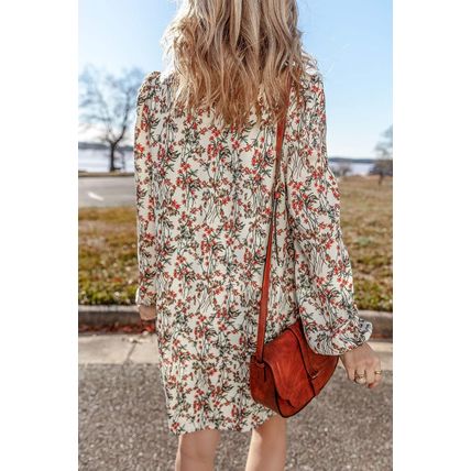 White Floral Printed Long Sleeve Mini Dress