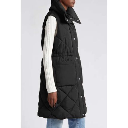 Black Longline Quilted Stand Collar Puffer Vest