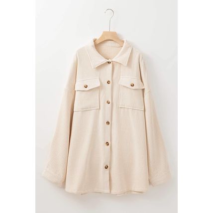 Oatmeal Textured Flap Pockets Buttoned Plus Size Shacket