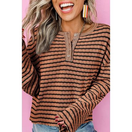 Brown Stripe Textured Frilly Trim Buttons Henley Long Sleeve Top
