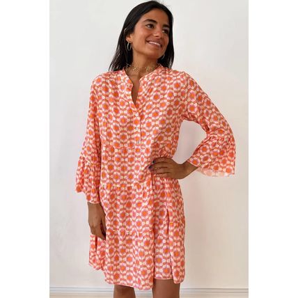 Orange Floral Print Flounce Sleeve Buttoned Front Mini Dress