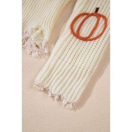 Beige Cable Knit Pumpkin Raw Hem V Neck Loose Sweater